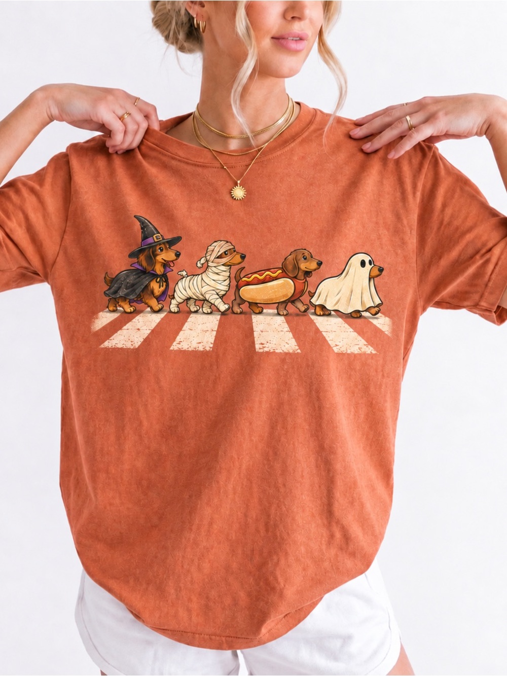 Dachshund Abbey Road Halloween Gildan T-Shirt Orange NWT